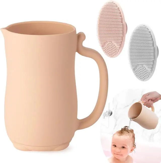Main image of PandaEar Baby Bath Rinse Cup, Silicone Baby Shampoo Rinser with 2 Pack Cradle Cap Brush for Kids Toddler Body Washing (Pink)