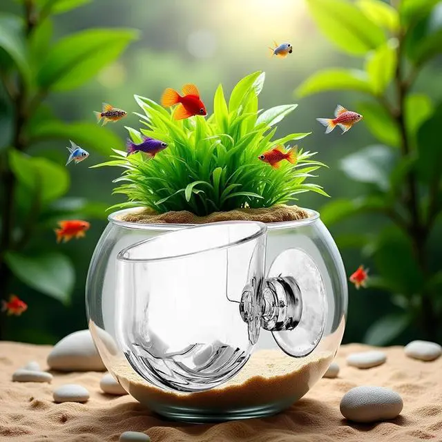 Alt view image 2 of 7 - Aquarium Plant Pot, Glass Fish Tank Plants Holder Aquarium Planter,Decoration Cup with Suction Cups for Fish Tank Ornament(Oval)