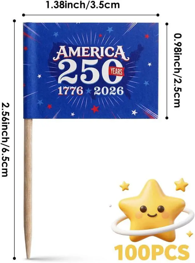 Alt view image 2 of 6 - 100 Pack America 250 Merchandise Toothpick Flags - Eco-Friendly USA 250th Anniversary Party Supplies & Cupcake Toppers - 1776-2026 Patriotic Mini Food Skewers for Appetizers, Charcuterie, July 4th
