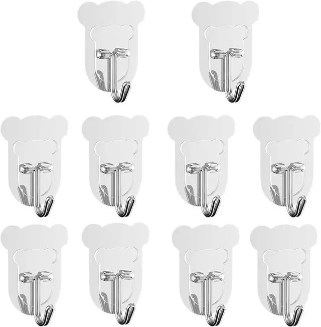 Main image of 10 Pcs Heavy Duty Adhesive Hooks 10lb Max - Transparent Waterproof Sticky Wall Hooks for Bathroom, Shower, Kitchen, Office - No Damage Self Adhesive Hanging for Towels, Coats, Keys & Home Decor