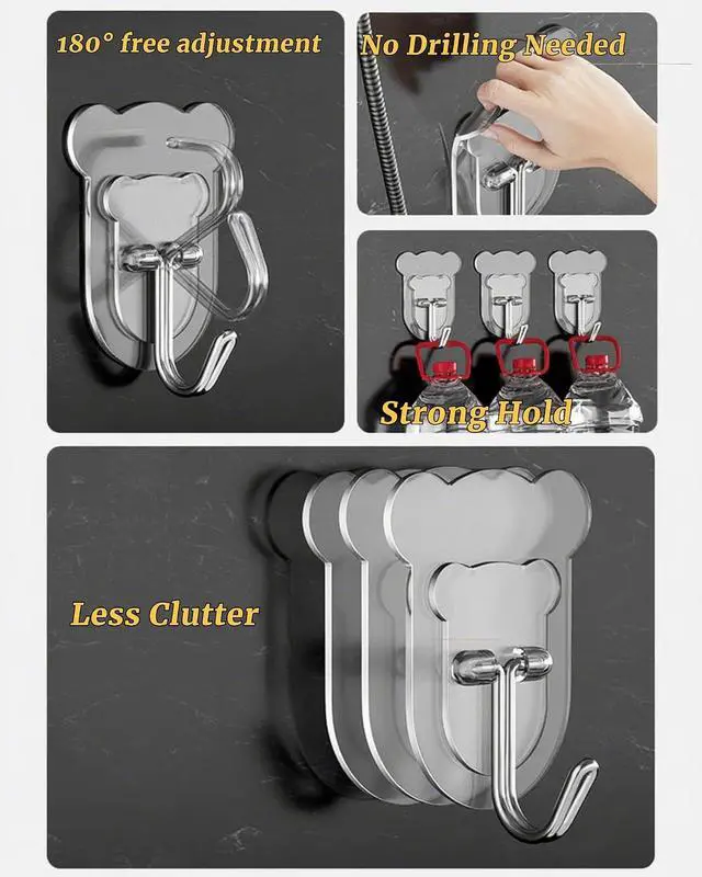 Alt view image 4 of 7 - 10 Pcs Heavy Duty Adhesive Hooks 10lb Max - Transparent Waterproof Sticky Wall Hooks for Bathroom, Shower, Kitchen, Office - No Damage Self Adhesive Hanging for Towels, Coats, Keys & Home Decor