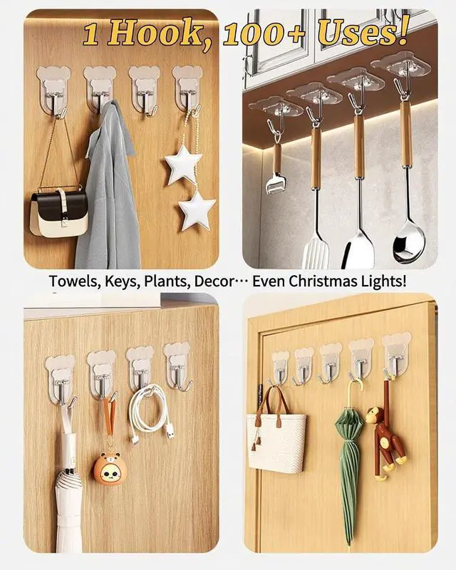 Alt view image 3 of 7 - 10 Pcs Heavy Duty Adhesive Hooks 10lb Max - Transparent Waterproof Sticky Wall Hooks for Bathroom, Shower, Kitchen, Office - No Damage Self Adhesive Hanging for Towels, Coats, Keys & Home Decor