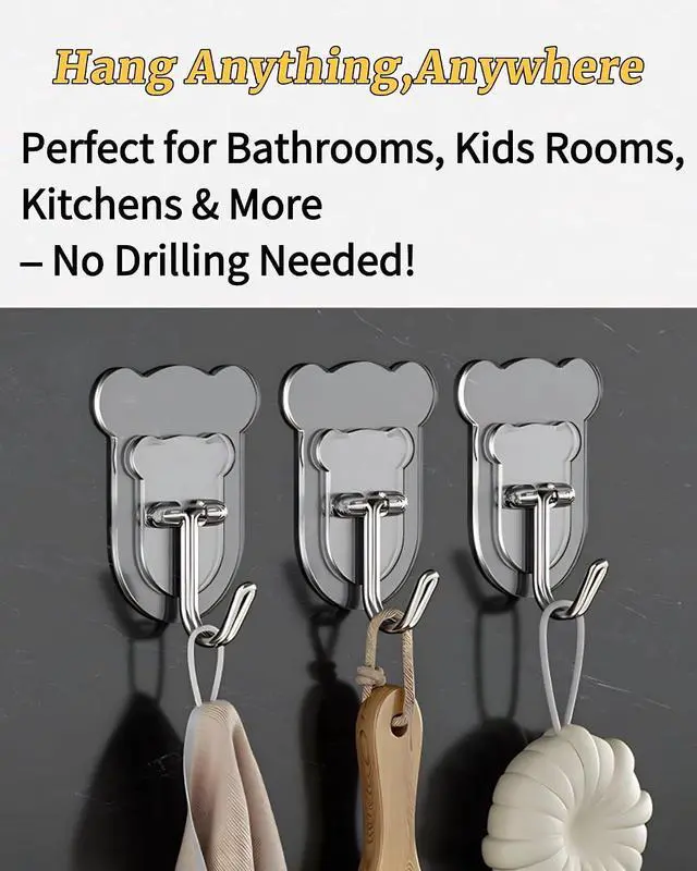 Alt view image 5 of 7 - 10 Pcs Heavy Duty Adhesive Hooks 10lb Max - Transparent Waterproof Sticky Wall Hooks for Bathroom, Shower, Kitchen, Office - No Damage Self Adhesive Hanging for Towels, Coats, Keys & Home Decor