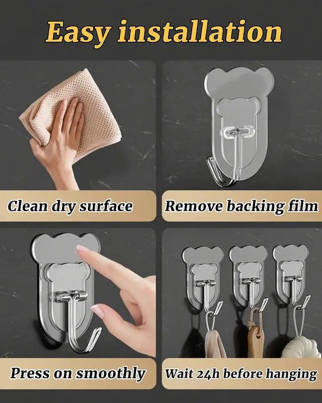 Alt view image 6 of 7 - 10 Pcs Heavy Duty Adhesive Hooks 10lb Max - Transparent Waterproof Sticky Wall Hooks for Bathroom, Shower, Kitchen, Office - No Damage Self Adhesive Hanging for Towels, Coats, Keys & Home Decor