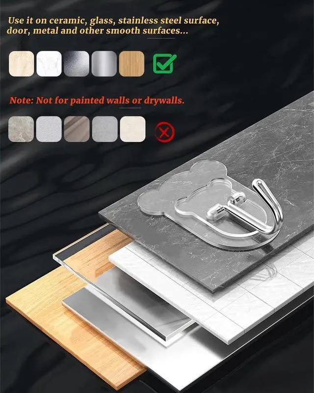 Alt view image 7 of 7 - 10 Pcs Heavy Duty Adhesive Hooks 10lb Max - Transparent Waterproof Sticky Wall Hooks for Bathroom, Shower, Kitchen, Office - No Damage Self Adhesive Hanging for Towels, Coats, Keys & Home Decor