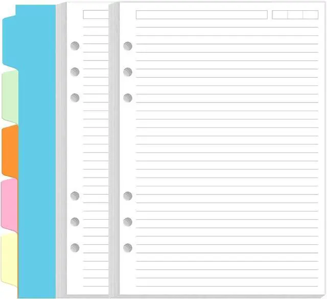 Main image of A5 Refill Paper - 6 Hole Planner Inserts for A5 Binder, 200 Pages 6 Ring Loose Leaf Lined Paper with 5 Colorful Binder Dividers, 5.8" x 8.5"