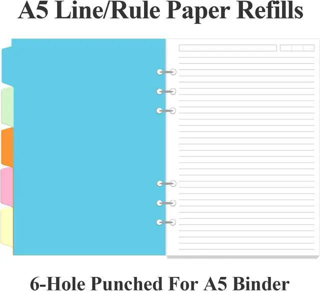 Alt view image 3 of 7 - A5 Refill Paper - 6 Hole Planner Inserts for A5 Binder, 200 Pages 6 Ring Loose Leaf Lined Paper with 5 Colorful Binder Dividers, 5.8" x 8.5"