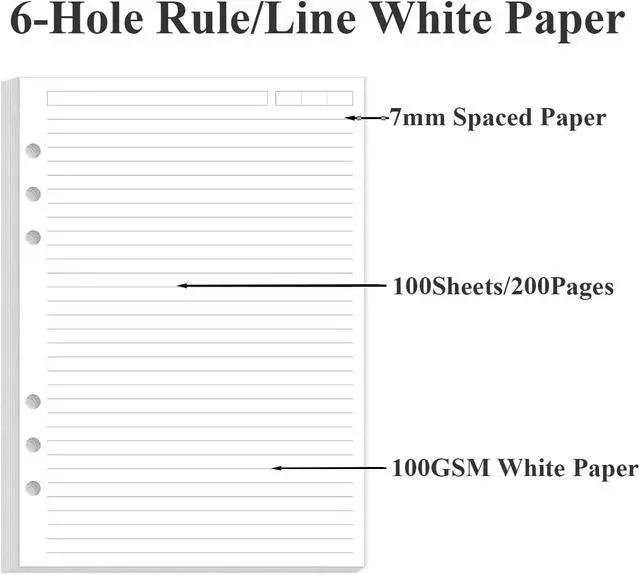 Alt view image 5 of 7 - A5 Refill Paper - 6 Hole Planner Inserts for A5 Binder, 200 Pages 6 Ring Loose Leaf Lined Paper with 5 Colorful Binder Dividers, 5.8" x 8.5"