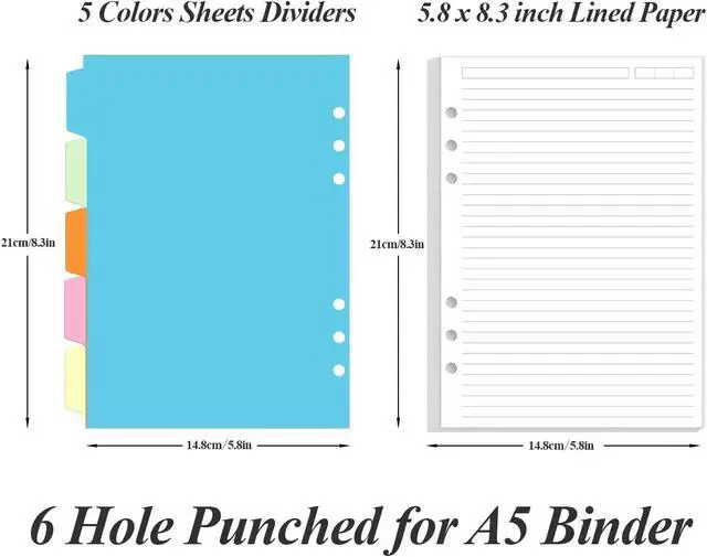 Alt view image 2 of 7 - A5 Refill Paper - 6 Hole Planner Inserts for A5 Binder, 200 Pages 6 Ring Loose Leaf Lined Paper with 5 Colorful Binder Dividers, 5.8" x 8.5"