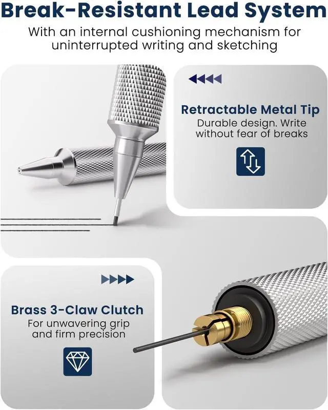 Alt view image 4 of 7 - 0.7 mm Mechanical Pencil, Metal Art & Drafting Pencil with Eraser and 60 HB Lead Refills, Professional Drawing Pencil for Artists, Students, School, Office, Writing, Sketching, Drafting(Blue)