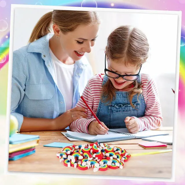 Alt view image 6 of 7 - 50 Pack Rainbow Erasers for Kids,Large Fun Rainbow Erasers Bulk,St. Patrick's Day Eraser Cute Eraser for Classroom Office Home School Work Prize Gifts Supplies