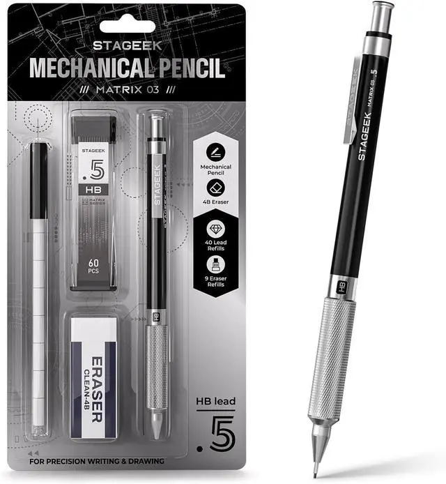Main image of 0.5mm Mechanical Pencil, Metal Art & Drafting Pencil with Eraser and 60 HB Lead Refills, Professional Drawing Pencil for Artists, Students, School, Office, Writing, Sketching, Drafting(Black)