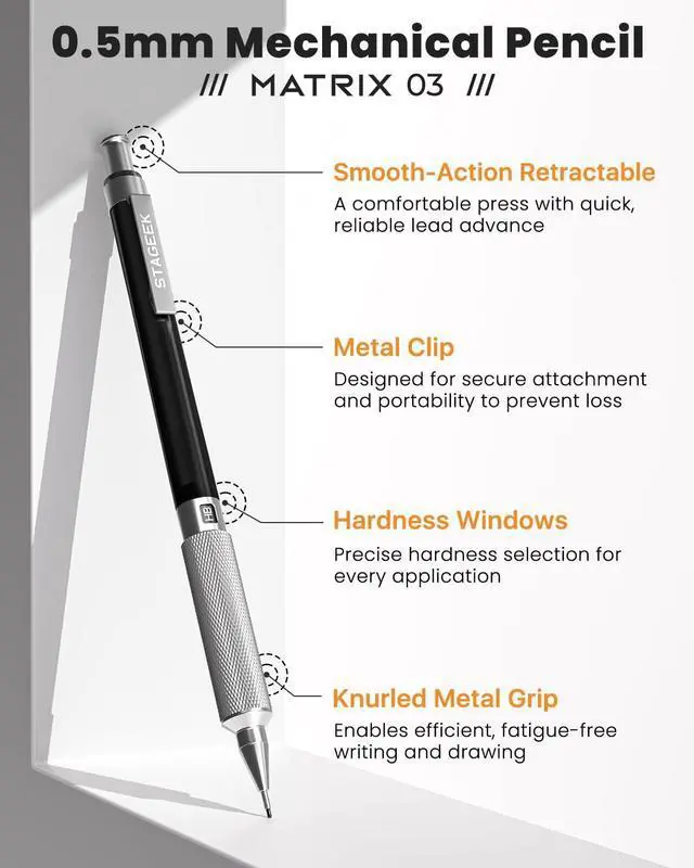 Alt view image 2 of 7 - 0.5mm Mechanical Pencil, Metal Art & Drafting Pencil with Eraser and 60 HB Lead Refills, Professional Drawing Pencil for Artists, Students, School, Office, Writing, Sketching, Drafting(Black)
