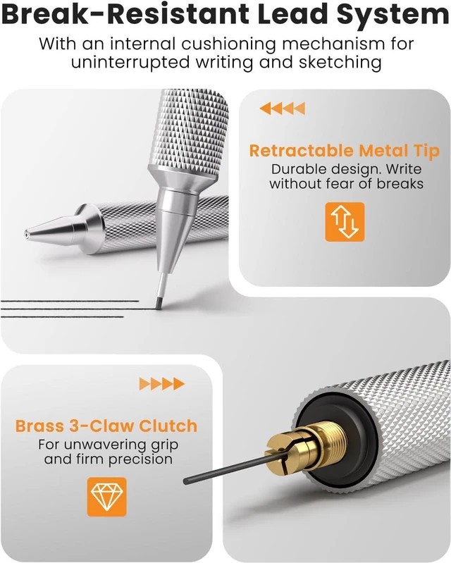 Alt view image 4 of 7 - 0.5mm Mechanical Pencil, Metal Art & Drafting Pencil with Eraser and 60 HB Lead Refills, Professional Drawing Pencil for Artists, Students, School, Office, Writing, Sketching, Drafting(Black)