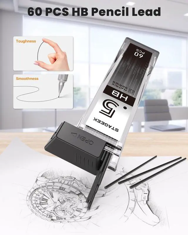 Alt view image 6 of 7 - 0.5mm Mechanical Pencil, Metal Art & Drafting Pencil with Eraser and 60 HB Lead Refills, Professional Drawing Pencil for Artists, Students, School, Office, Writing, Sketching, Drafting(Black)