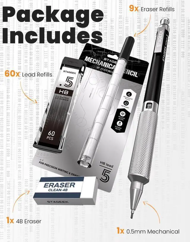 Alt view image 7 of 7 - 0.5mm Mechanical Pencil, Metal Art & Drafting Pencil with Eraser and 60 HB Lead Refills, Professional Drawing Pencil for Artists, Students, School, Office, Writing, Sketching, Drafting(Black)