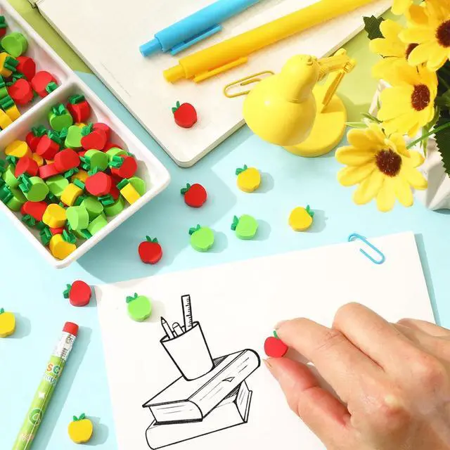 Alt view image 3 of 7 - 150pcs Apples Erasers for Kids Bulk, Welcome Back to School Gifts Mini Apples Erasers for First Day of School Teachers Supplies Students Classroom Prizes Homework Rewards