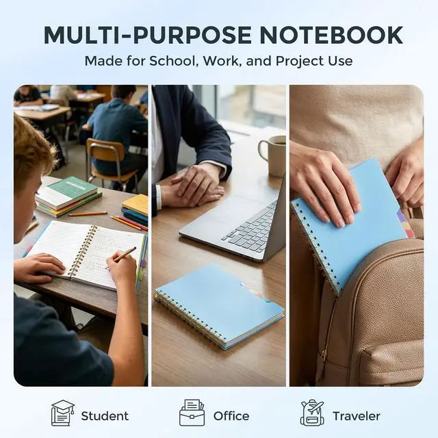 Alt view image 6 of 7 - 5 Subject Notebook 5.8x8.3 Inch, Spiral Notebook with Tabs, Blue | College Ruled with Removable Dividers, 200Pages Lined Journals Women, Writing Journal, Home & Office, School Supplies