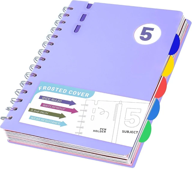Main image of Spiral Notebook with Dividers & Tabs ,5 Subject Notebook,5x7,Violet | 204 Pages,Wide Ruled,Small Hardcover Notebooks for Work, Lined Journal for Student,School Supplies