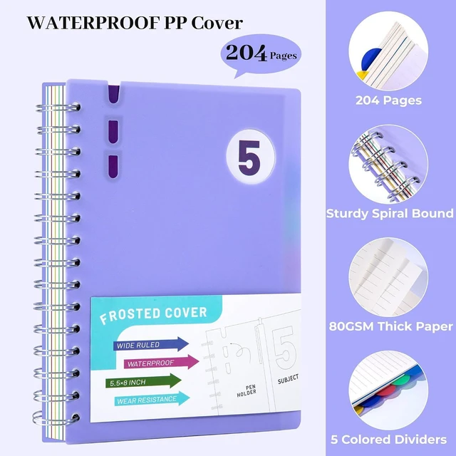 Alt view image 5 of 7 - Spiral Notebook with Dividers & Tabs ,5 Subject Notebook,5x7,Violet | 204 Pages,Wide Ruled,Small Hardcover Notebooks for Work, Lined Journal for Student,School Supplies