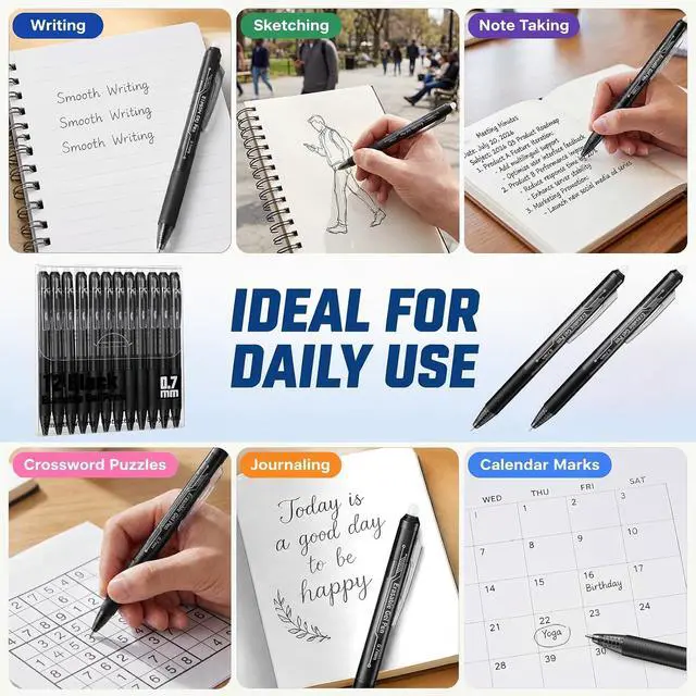 Alt view image 3 of 7 - Retractable Erasable Gel Pens, 12 Solid Black Fine Point Erasable Pens Clicker, Make Mistakes Disappear, Perfect for Drawing, Writing, Planner & Crossword Puzzles (0.7mm, Pack of 12)
