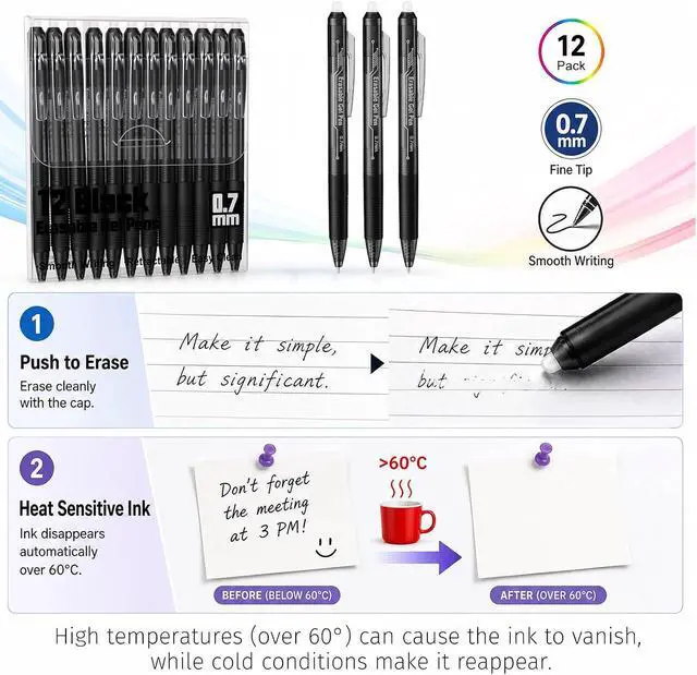 Alt view image 4 of 7 - Retractable Erasable Gel Pens, 12 Solid Black Fine Point Erasable Pens Clicker, Make Mistakes Disappear, Perfect for Drawing, Writing, Planner & Crossword Puzzles (0.7mm, Pack of 12)