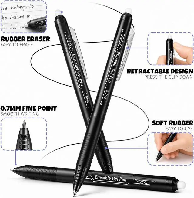 Alt view image 2 of 7 - Retractable Erasable Gel Pens, 12 Solid Black Fine Point Erasable Pens Clicker, Make Mistakes Disappear, Perfect for Drawing, Writing, Planner & Crossword Puzzles (0.7mm, Pack of 12)