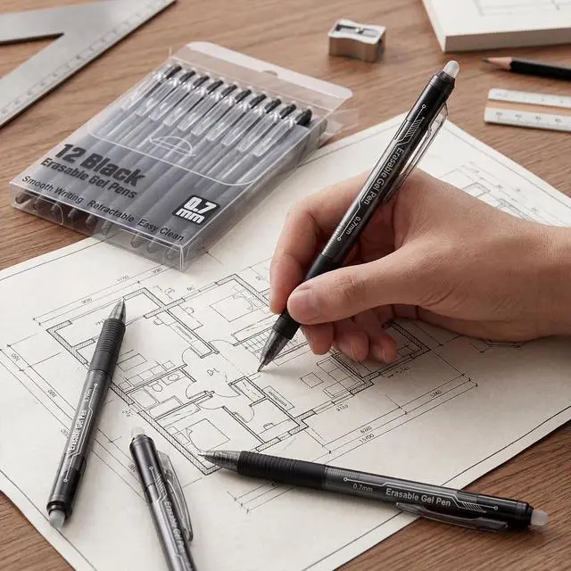 Alt view image 5 of 7 - Retractable Erasable Gel Pens, 12 Solid Black Fine Point Erasable Pens Clicker, Make Mistakes Disappear, Perfect for Drawing, Writing, Planner & Crossword Puzzles (0.7mm, Pack of 12)