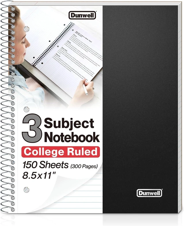 Main image of 3-Subject Notebook College Ruled (Black), Spiral Notebook 8.5 x 11, Plastic Cover, 3 Pocket Dividers, 150 Sheets (300 Pages), 3-Hole Punched Perforated 8 1/2 x 11 Paper | 3 Subject Sections, College R