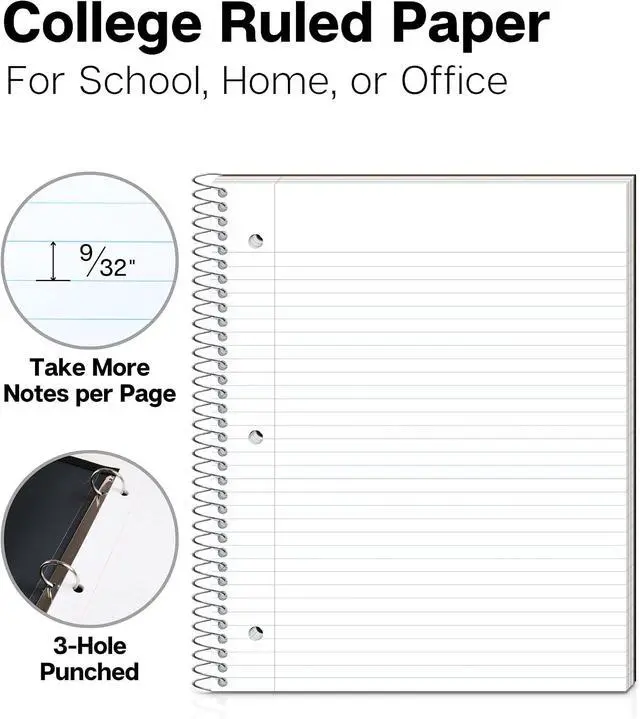 Alt view image 2 of 7 - 3-Subject Notebook College Ruled (Black), Spiral Notebook 8.5 x 11, Plastic Cover, 3 Pocket Dividers, 150 Sheets (300 Pages), 3-Hole Punched Perforated 8 1/2 x 11 Paper | 3 Subject Sections, College R