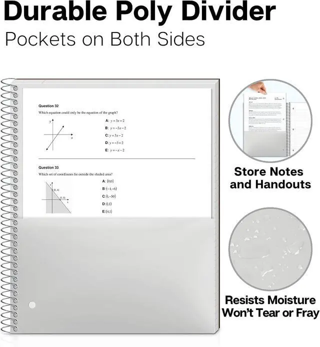 Alt view image 5 of 7 - 3-Subject Notebook College Ruled (Black), Spiral Notebook 8.5 x 11, Plastic Cover, 3 Pocket Dividers, 150 Sheets (300 Pages), 3-Hole Punched Perforated 8 1/2 x 11 Paper | 3 Subject Sections, College R