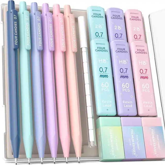 Main image of Cute Mechanical Pencil Set, 0.7mm Medium Point, 6-Count Pack | 360 HB/2B Leads, 3 Erasers, 9 Eraser Refills, Storage Case, Triangular Grip, for Everyday Homework & Journal