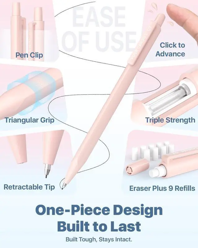 Alt view image 2 of 7 - Cute Mechanical Pencil Set, 0.7mm Medium Point, 6-Count Pack | 360 HB/2B Leads, 3 Erasers, 9 Eraser Refills, Storage Case, Triangular Grip, for Everyday Homework & Journal