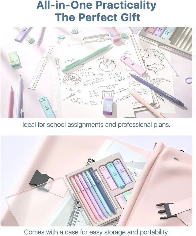 Alt view image 5 of 7 - Cute Mechanical Pencil Set, 0.7mm Medium Point, 6-Count Pack | 360 HB/2B Leads, 3 Erasers, 9 Eraser Refills, Storage Case, Triangular Grip, for Everyday Homework & Journal