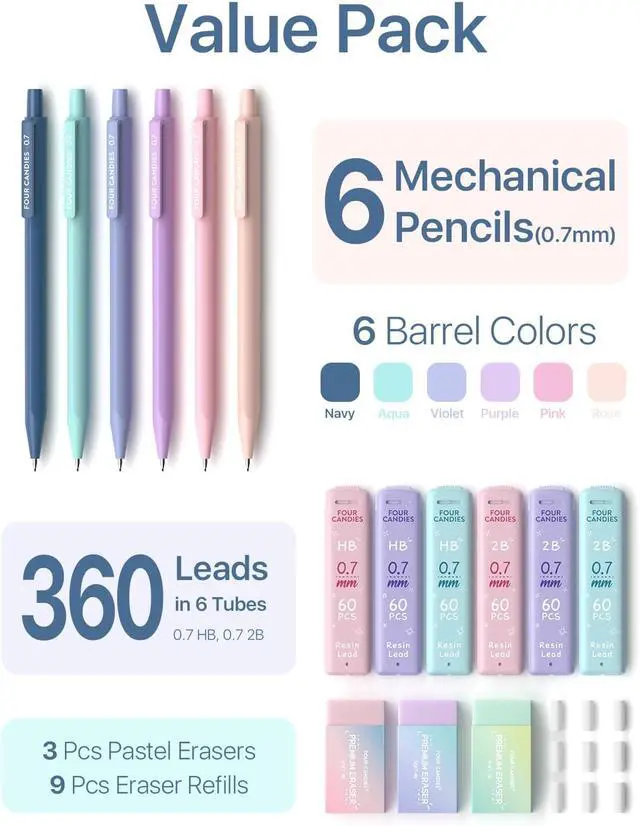 Alt view image 6 of 7 - Cute Mechanical Pencil Set, 0.7mm Medium Point, 6-Count Pack | 360 HB/2B Leads, 3 Erasers, 9 Eraser Refills, Storage Case, Triangular Grip, for Everyday Homework & Journal