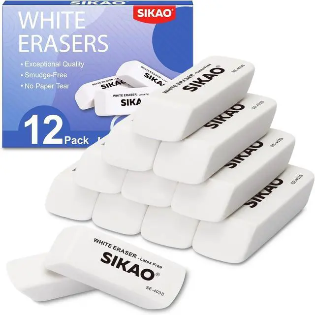 Main image of White Erasers, 12 Pack Pencil Erasers | Latex-Free & Smudge-Free Beveled Rubber Erasers for School Supplies, Classroom, Tests & Homework