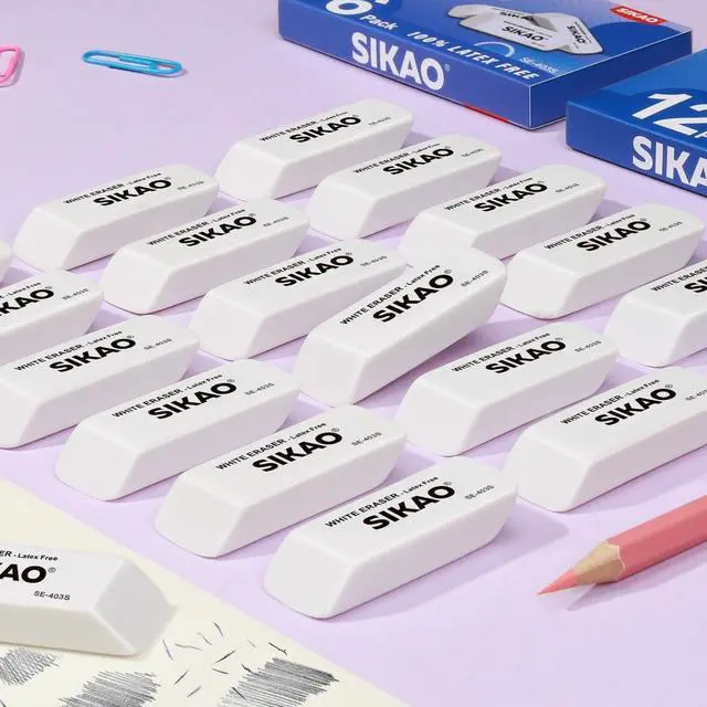 Alt view image 5 of 7 - White Erasers, 12 Pack Pencil Erasers | Latex-Free & Smudge-Free Beveled Rubber Erasers for School Supplies, Classroom, Tests & Homework