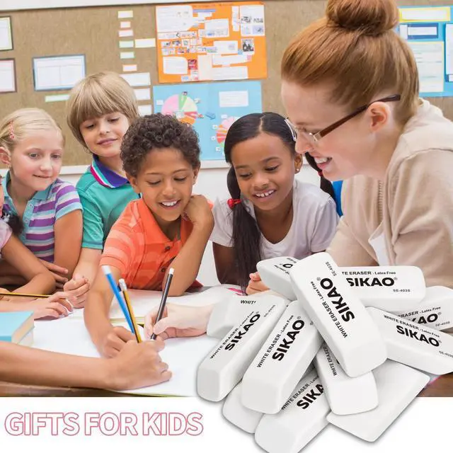 Alt view image 7 of 7 - White Erasers, 12 Pack Pencil Erasers | Latex-Free & Smudge-Free Beveled Rubber Erasers for School Supplies, Classroom, Tests & Homework