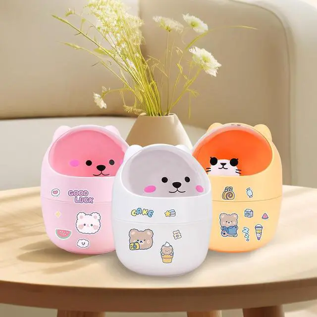 Alt view image 4 of 7 - Cute Desktop Tiny Trash Can with Flip Lid, Creative Kawaii Bear Mini Wastebasket, Portable Countertop Dustbin for Office Kitchen Vanity Tabletop Bedroom (White)