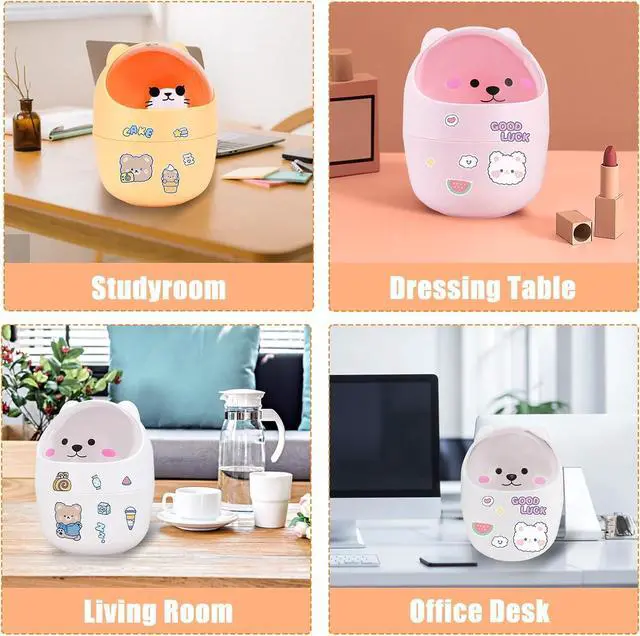 Alt view image 6 of 7 - Cute Desktop Tiny Trash Can with Flip Lid, Creative Kawaii Bear Mini Wastebasket, Portable Countertop Dustbin for Office Kitchen Vanity Tabletop Bedroom (White)
