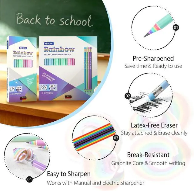 Alt view image 3 of 7 - Pre-Sharpened Rainbow Pencils #2, Back to School Supplies, 12 Count | Cute Number 2 Pencils for Kids Students, Latex-Free Eraser, Eco Recycled Paper, Smooth Writing, Drawing, Fun Classroom Gifts