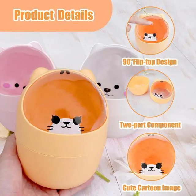 Alt view image 3 of 7 - Cute Desktop Tiny Trash Can with Flip Lid, Creative Kawaii Bear Mini Wastebasket, Portable Countertop Dustbin for Office Kitchen Vanity Tabletop Bedroom (Yellow)