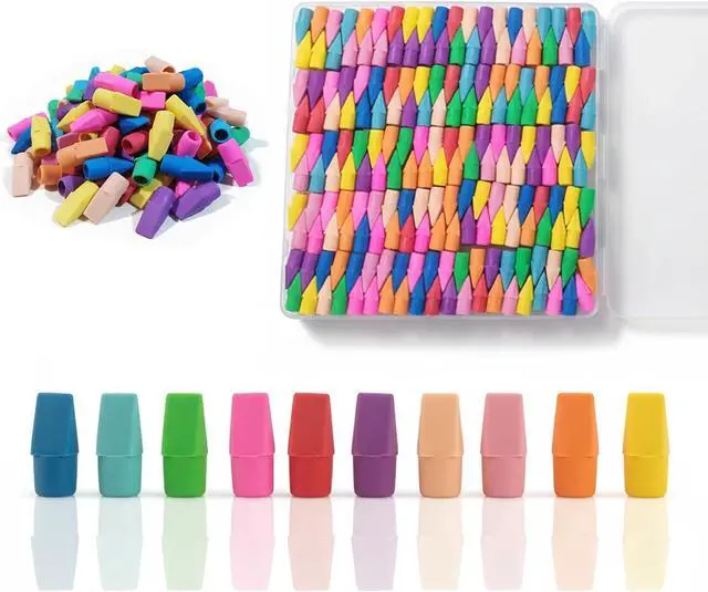 Main image of 195 Pencil Top Erasers, Latex-Free Chisel Tips, 10 Colors with Storage Box | Soft eraser material fits standard pencils for classrooms, homework, offices and everyday writing corrections