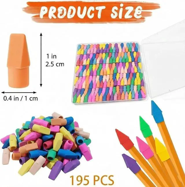 Alt view image 2 of 7 - 195 Pencil Top Erasers, Latex-Free Chisel Tips, 10 Colors with Storage Box | Soft eraser material fits standard pencils for classrooms, homework, offices and everyday writing corrections