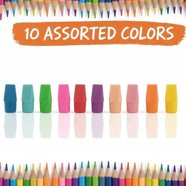 Alt view image 3 of 7 - 195 Pencil Top Erasers, Latex-Free Chisel Tips, 10 Colors with Storage Box | Soft eraser material fits standard pencils for classrooms, homework, offices and everyday writing corrections