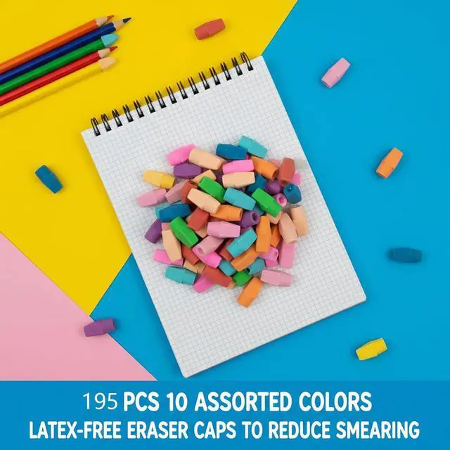 Alt view image 5 of 7 - 195 Pencil Top Erasers, Latex-Free Chisel Tips, 10 Colors with Storage Box | Soft eraser material fits standard pencils for classrooms, homework, offices and everyday writing corrections