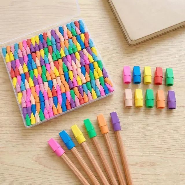 Alt view image 4 of 7 - 195 Pencil Top Erasers, Latex-Free Chisel Tips, 10 Colors with Storage Box | Soft eraser material fits standard pencils for classrooms, homework, offices and everyday writing corrections