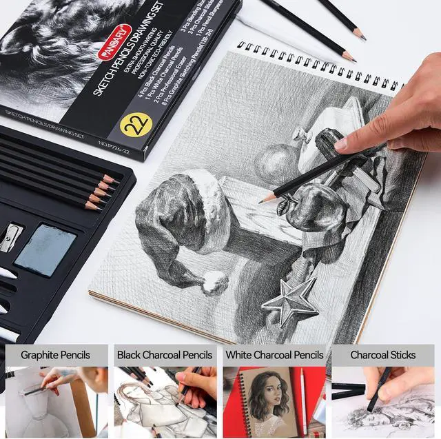 Alt view image 4 of 7 - Drawing Sketching Pencil Set, 22 Piece, Graphite Pencils (12B-2H) | Pro Art Pencil Kit with Black and White Charcoal Pencils, Charcoal Sticks, Stumps, Eraser, Sharpeners, Sketch Set for Artists