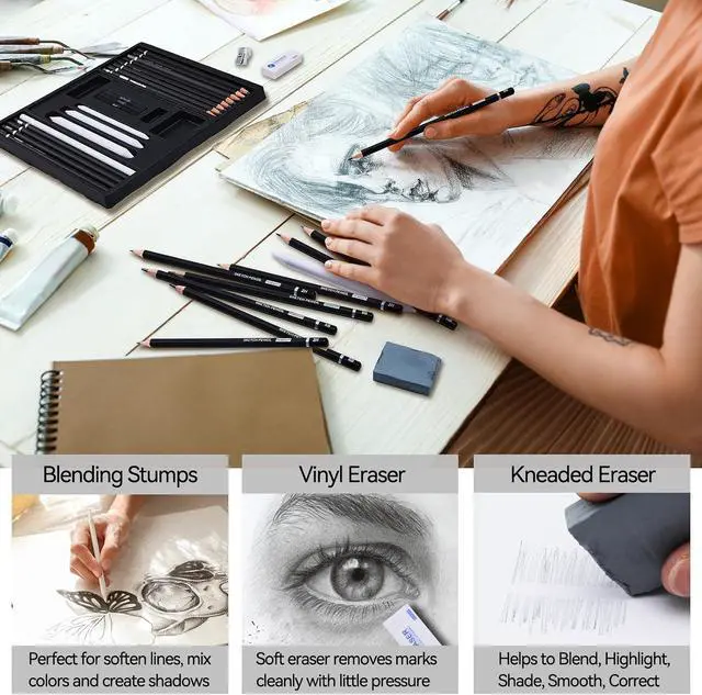 Alt view image 5 of 7 - Drawing Sketching Pencil Set, 22 Piece, Graphite Pencils (12B-2H) | Pro Art Pencil Kit with Black and White Charcoal Pencils, Charcoal Sticks, Stumps, Eraser, Sharpeners, Sketch Set for Artists