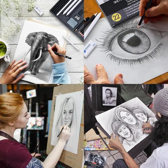 Alt view image 6 of 7 - Drawing Sketching Pencil Set, 22 Piece, Graphite Pencils (12B-2H) | Pro Art Pencil Kit with Black and White Charcoal Pencils, Charcoal Sticks, Stumps, Eraser, Sharpeners, Sketch Set for Artists